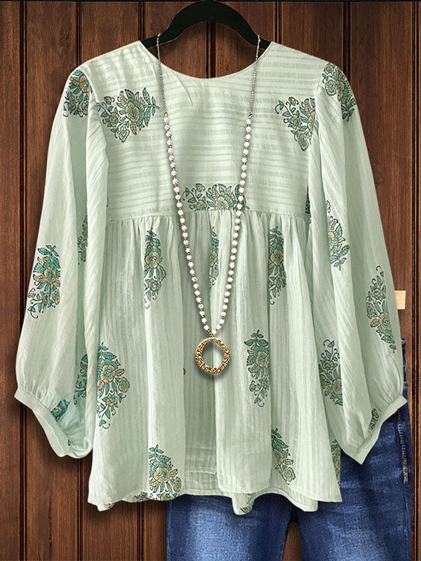 Vintage Floral Print Casual Short Sleeves Denim Shirt