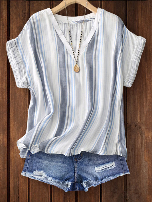 Draped Cotton And Linen Striped Blouse