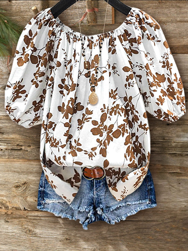 Floral Print Elastic Crew Neck Top