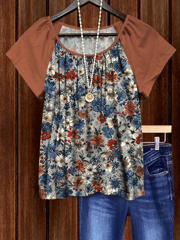 Romantic Floral Print Ruched Patchwork Top