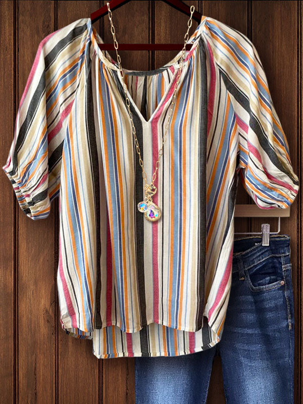 Colorful Vertical Stripe V-Neck Top