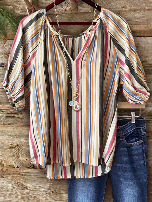 Colorful Vertical Stripe V-Neck Top