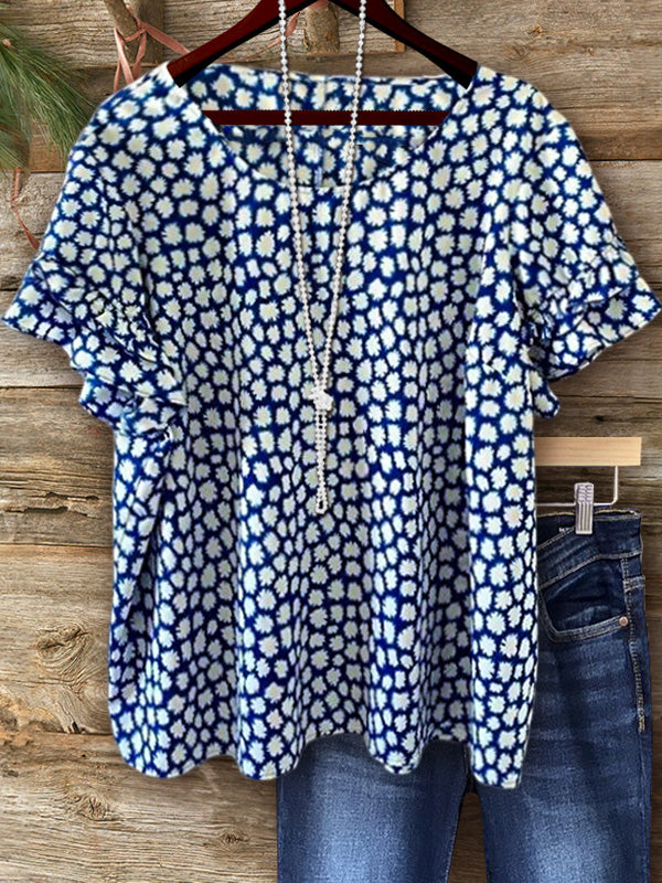 Blue And White Floral Ruffle Sleeve Top