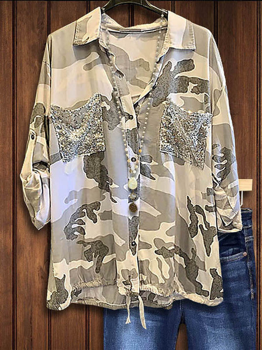 Camouflage Printed Smocked Sequin Shirt