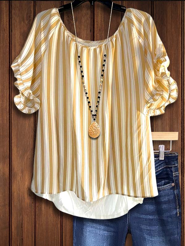 Striped Printed Ruffle Sleeve Blouse