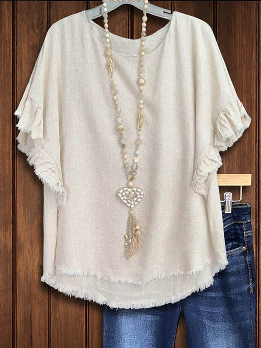 Beige Linen Ruffle Sleeve Blouse