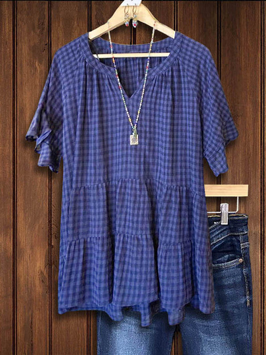 Navy Check Pleated Ruffle Blouse