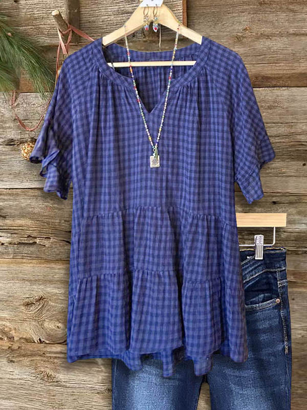 Navy Check Pleated Ruffle Blouse