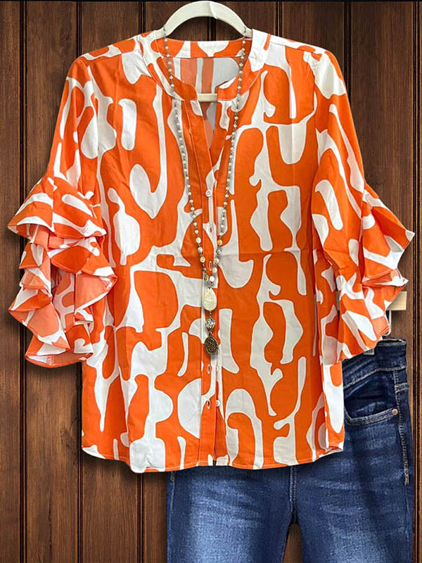 Abstract Printed Ruffle Sleeve Blouse
