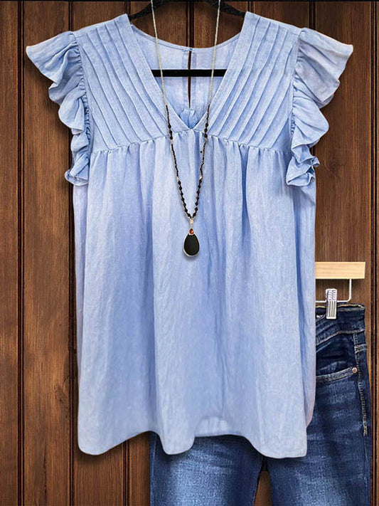 V-Neck Pleated Ruffle Sleeve Blouse