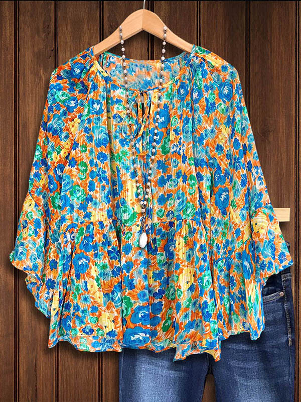 Floral Abstract Print Bell Sleeve Blouse