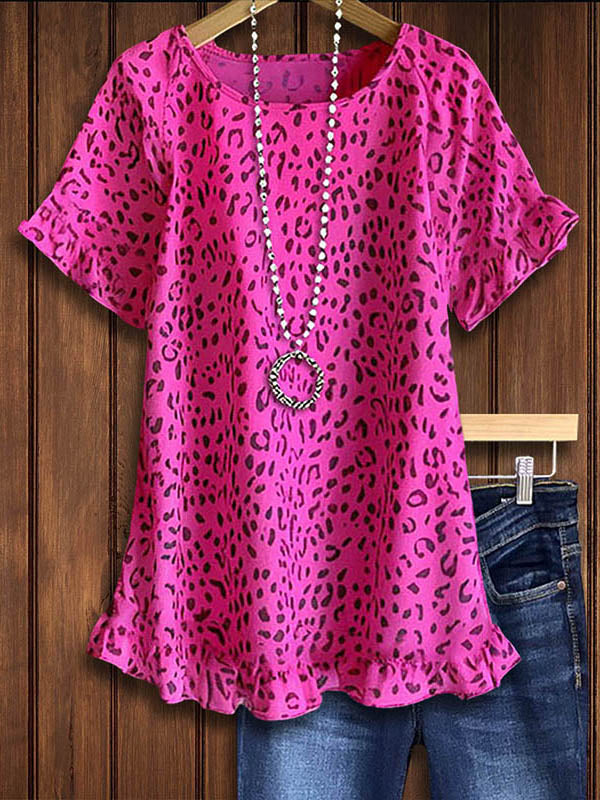 Rose Red Leopard Print Ruffle Blouse