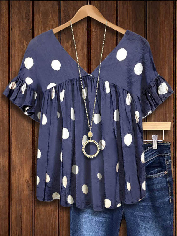 Polka Dot Short Sleeve Tiered Ruffled Babydoll Blouse