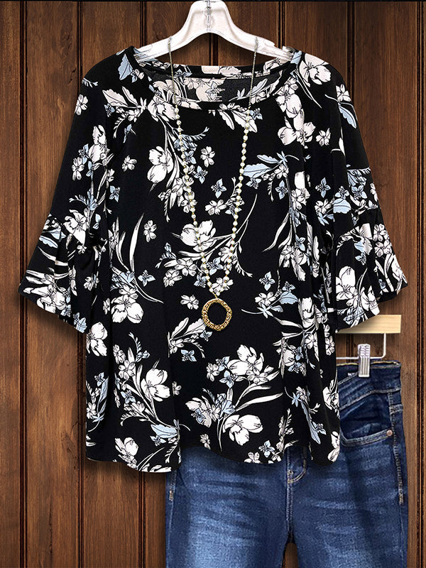 Floral Print Ruffle Sleeve Loose Blouse
