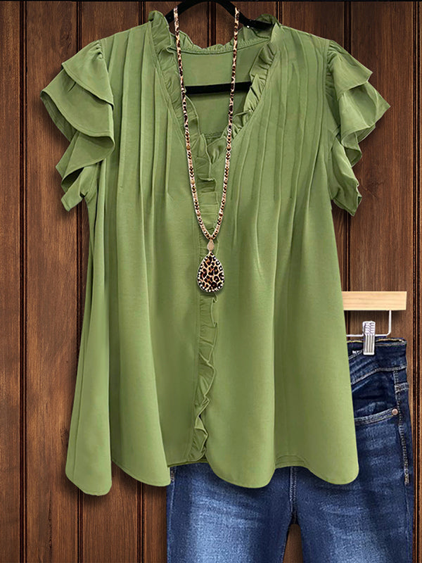 Double Layer Ruffle Sleeve Pleated Blouse