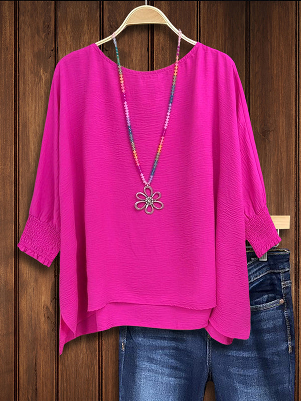 Round Neck Rose Red Gathered Casual Blouse
