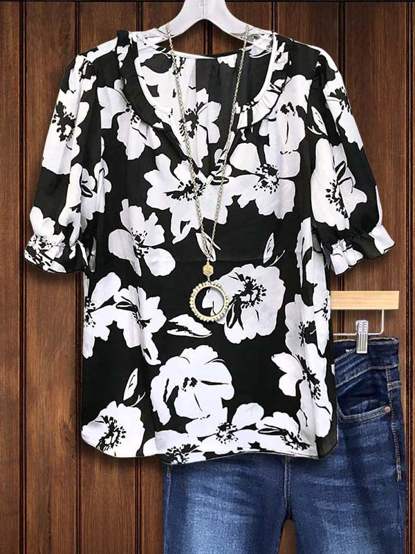 Black And White Floral Print Ruched Blouse