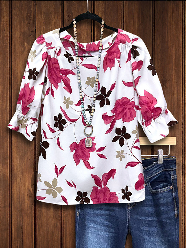 Romantic Floral Printed Gathered Sleeve Blouse