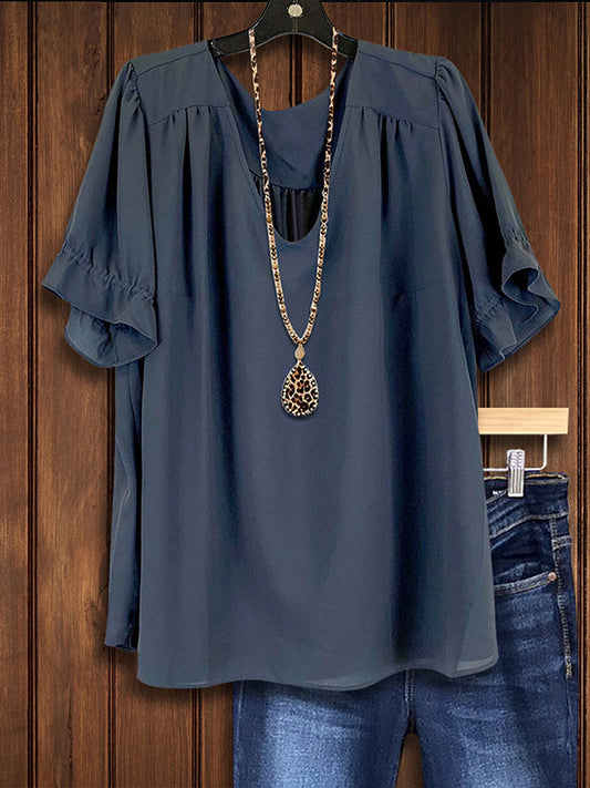 Navy Blue Ruffle Sleeve Blouse