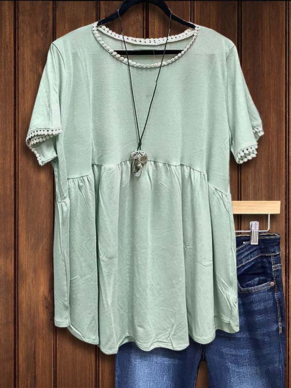 Grey Green Lace Patchwork Ruffled Blouse