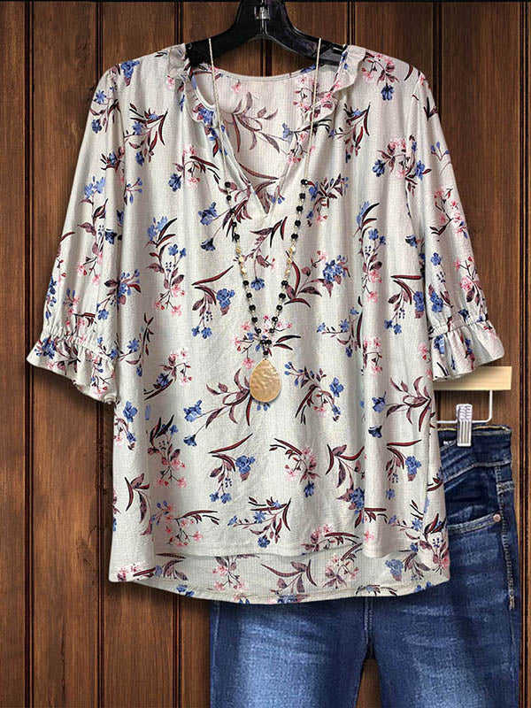 Cozy Floral Printed Ruffle Design Blouse
