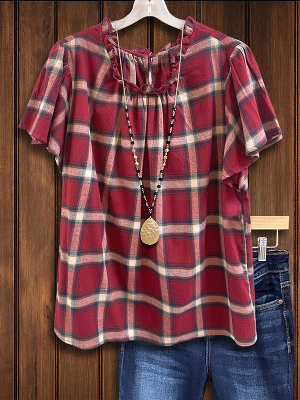 Plaid Gathered Loose Blouse