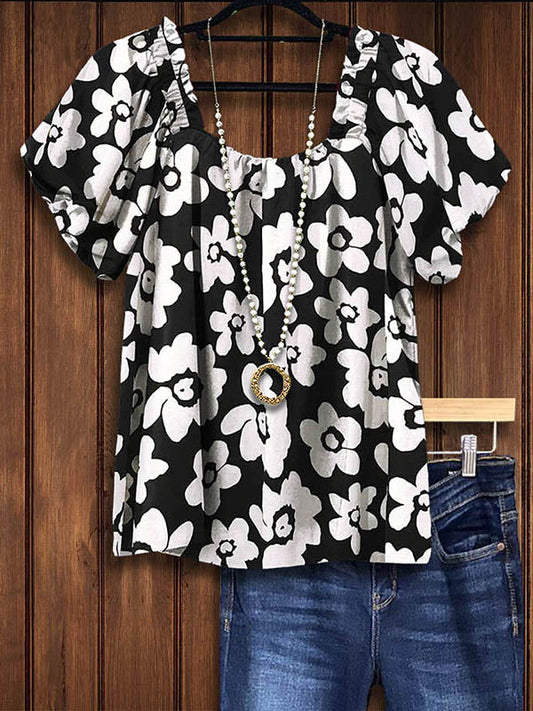 Black and White Floral Puff Sleeve Blouse