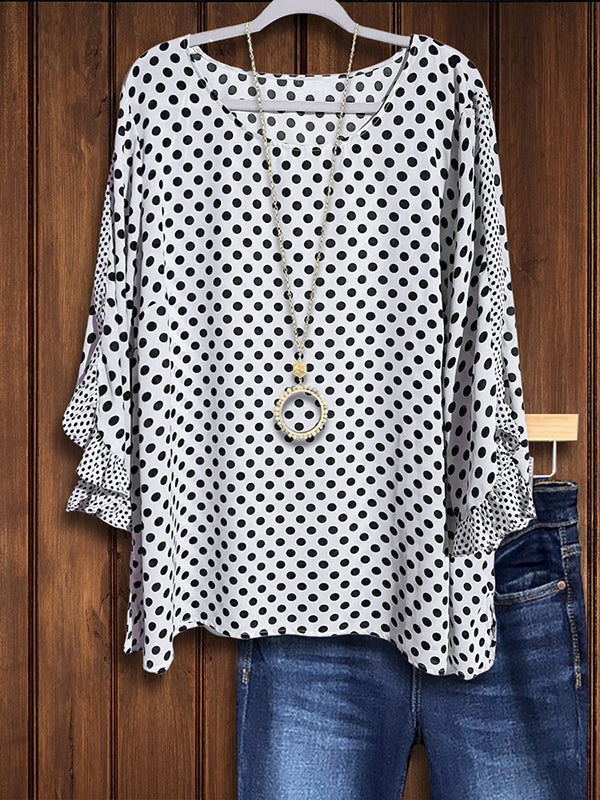 Polka Dot Print Patchwork Ruffle Blouse