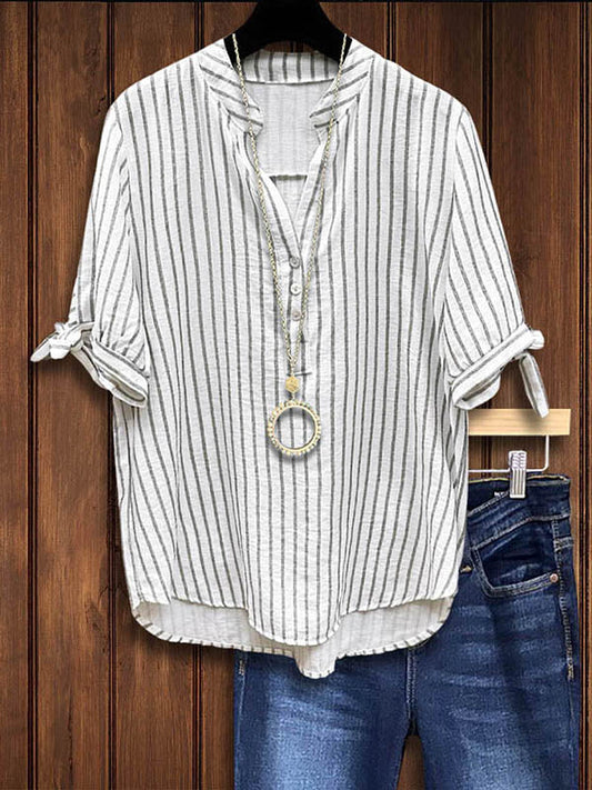 Split Collar Striped Knotted Blouse