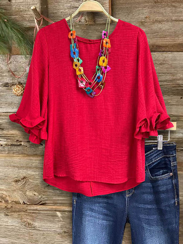 Fashionable Round Neck Ruffle Sleeve Blouse