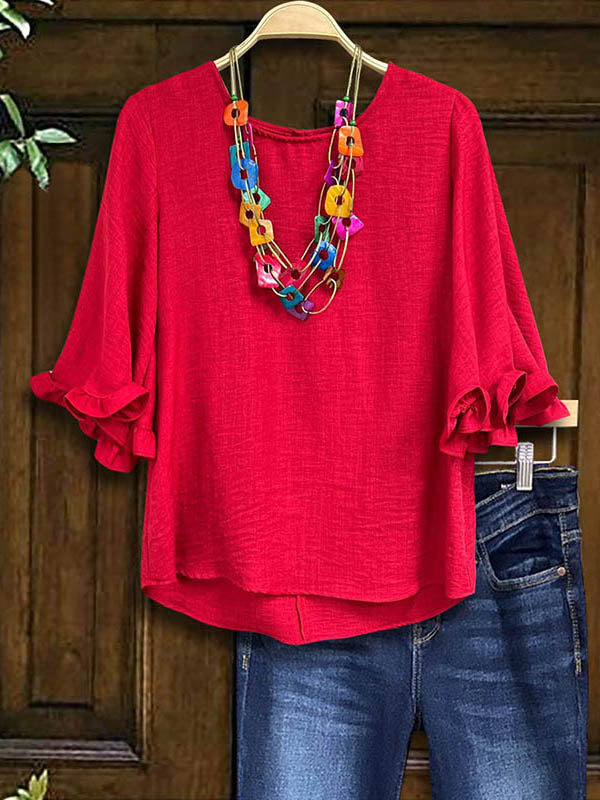 Fashionable Round Neck Ruffle Sleeve Blouse