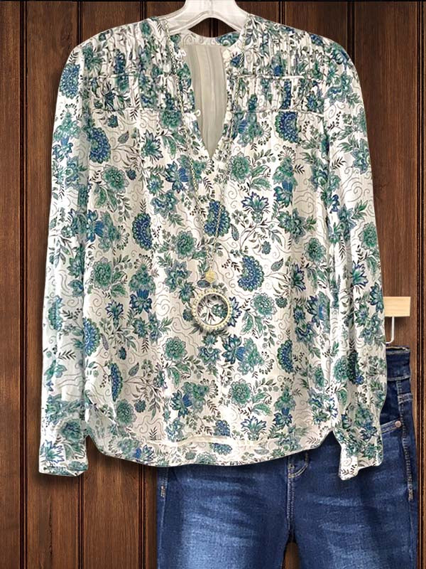 Ethnic Floral Print Gathered Casual Blouse