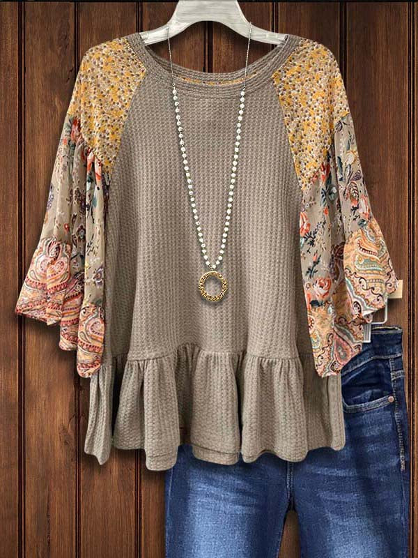 Floral Mixed Print Patchwork Waffle Blouse