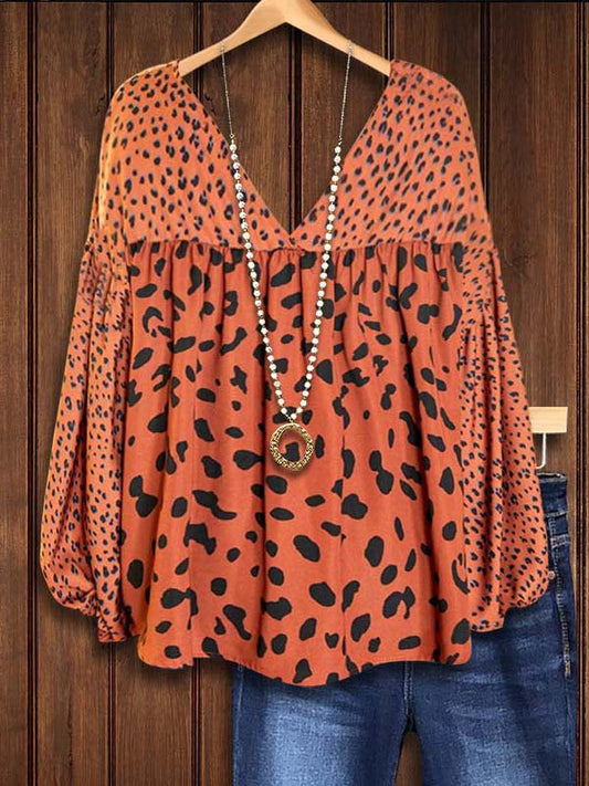 Animal Print Patchwork Puff Sleeve Blouse