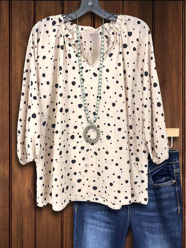 Spotted Print Ruched Puff Sleeve Blouse