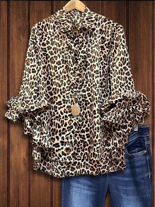 Stylish Leopard Layered Ruffle Sleeve Shirt