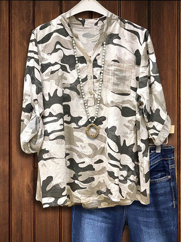 Camouflage Button Down Pocket Patchwork Blouse