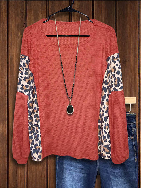 Leopard Print Waffle Patchwork Top