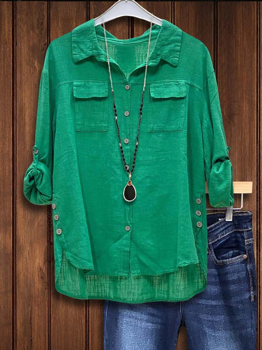 Green Linen Lapel Patch Pocket Shirt