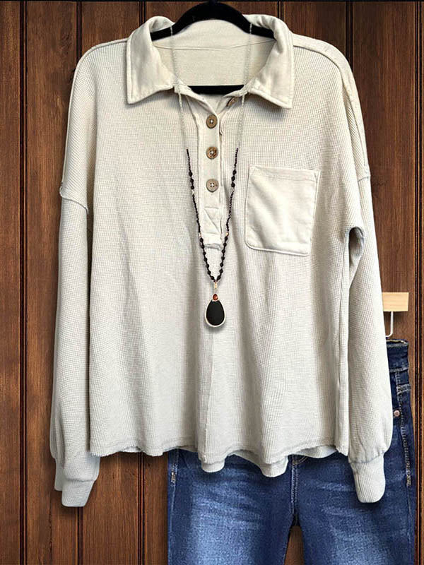 Beige Lapel Buttoned Pocket Loose Top