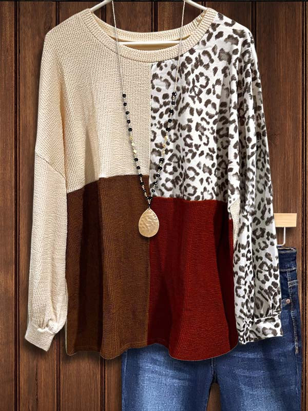 Contrast Color Leopard Print Patchwork Loose Sweatshirt