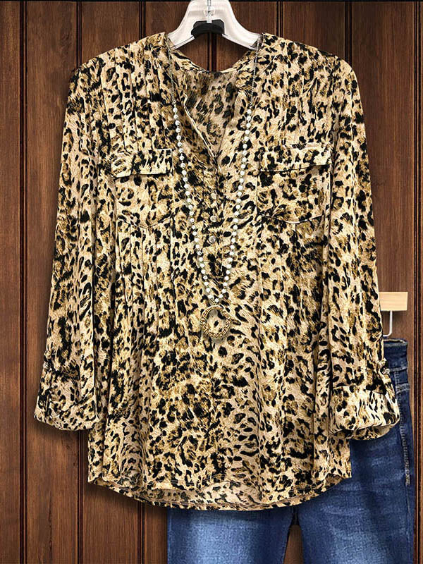 Leopard Print Pleated Pocket Blouse