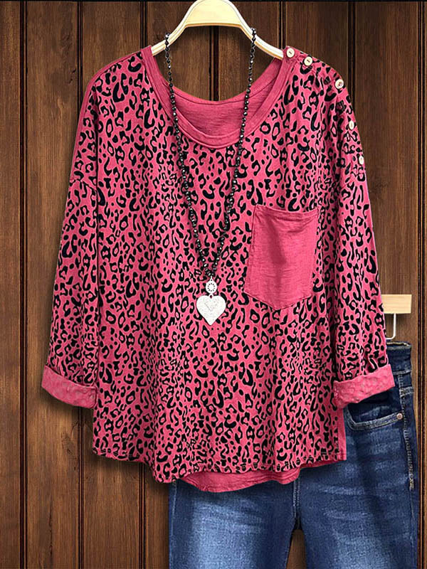 Red Leopard Print Patch Pocket Top