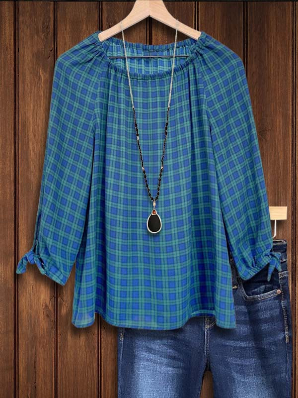 Crew Neck Check Gathered Knotted Blouse