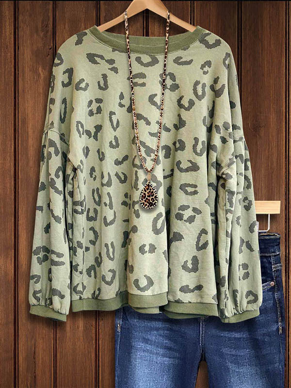 Army Green Leopard Printed Loose Sweatshirt