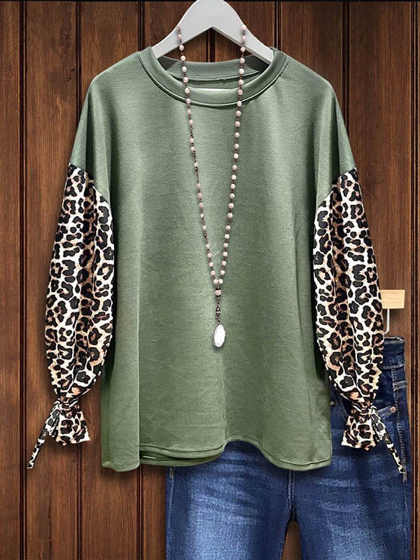 Leopard Print Patchwork Knotted Sleeve Sweatshirt