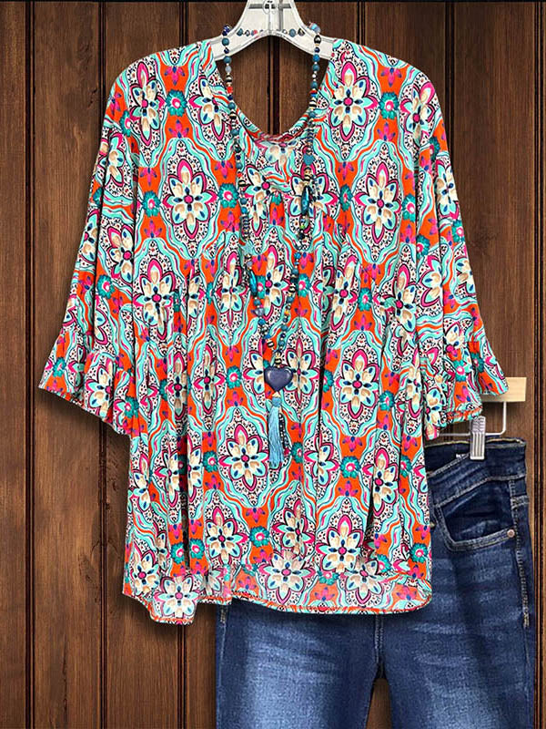 Tribal Print Ruffle Sleeve Blouse