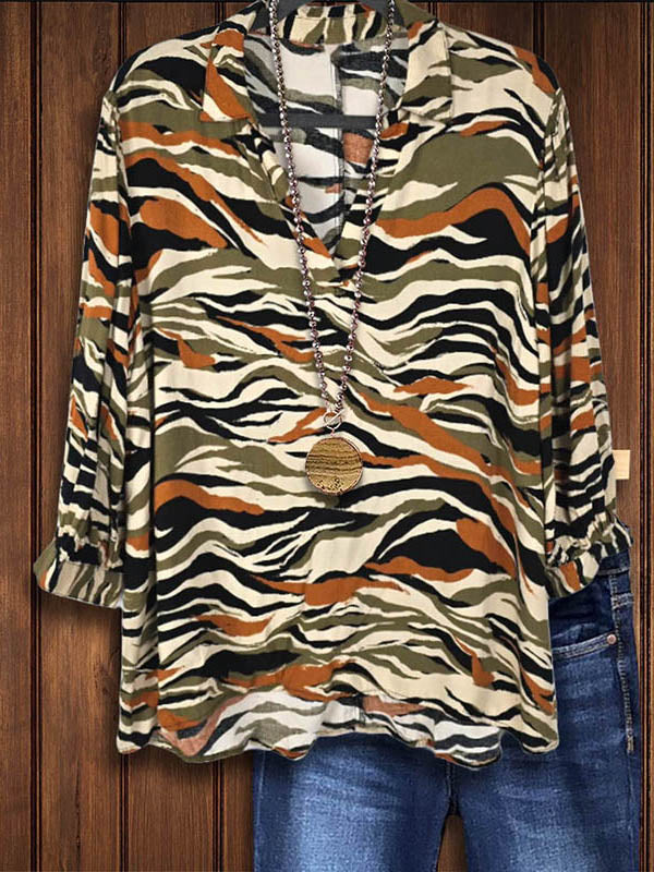 Lapel Camouflage Print Casual Blouse