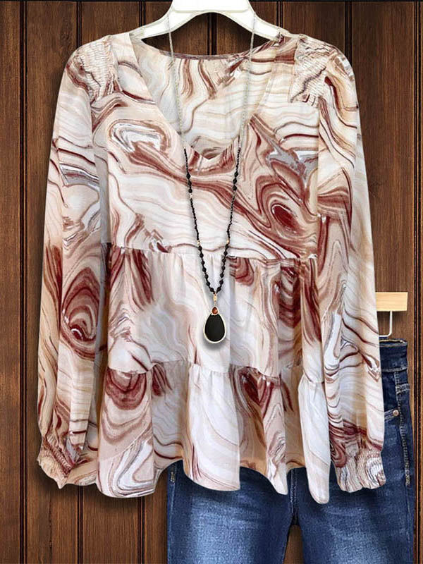 V Neck Marble Print Ruffle Blouse