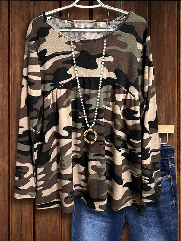 Camouflage Print Pleated Loose Blouse